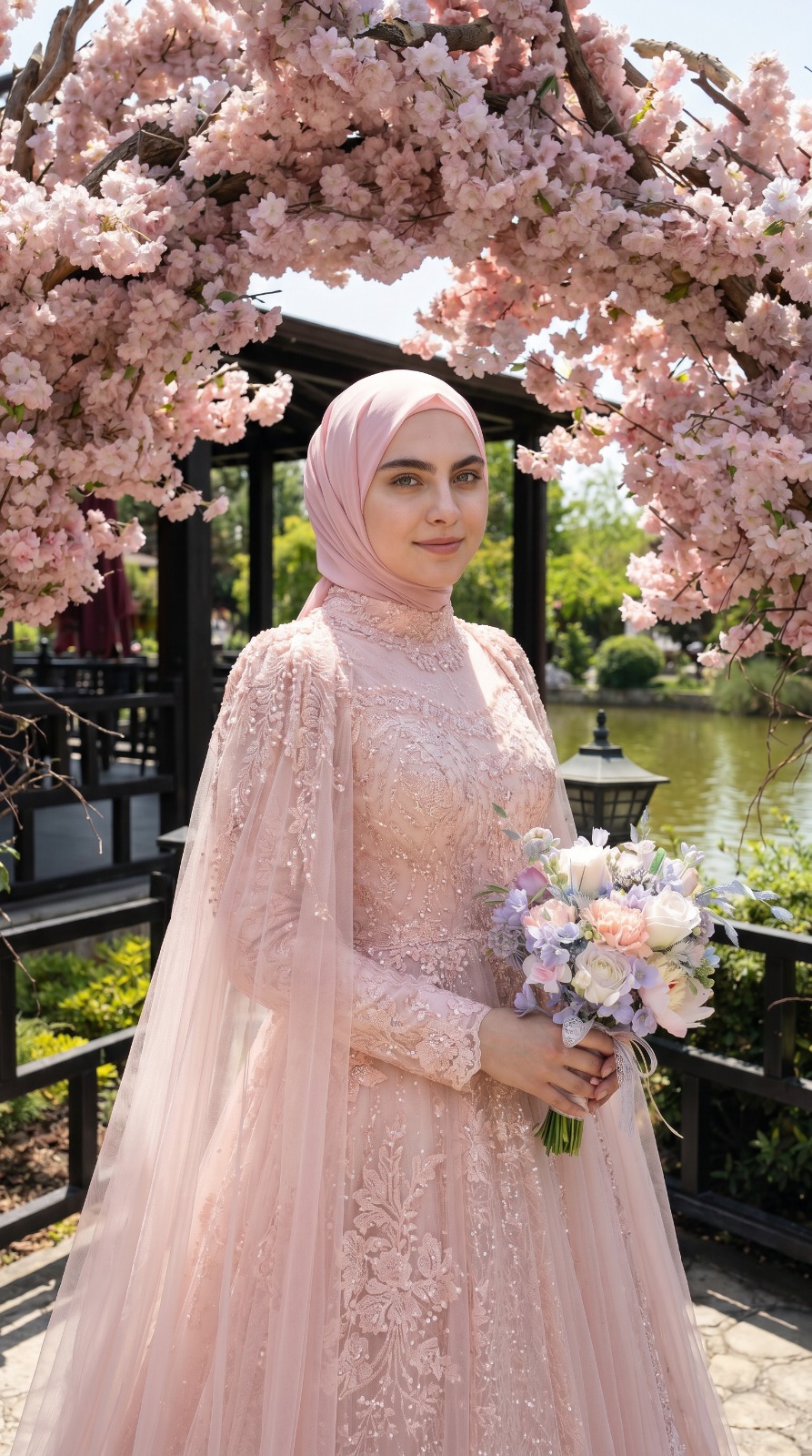 Tesettür pembe abiye sakura altında